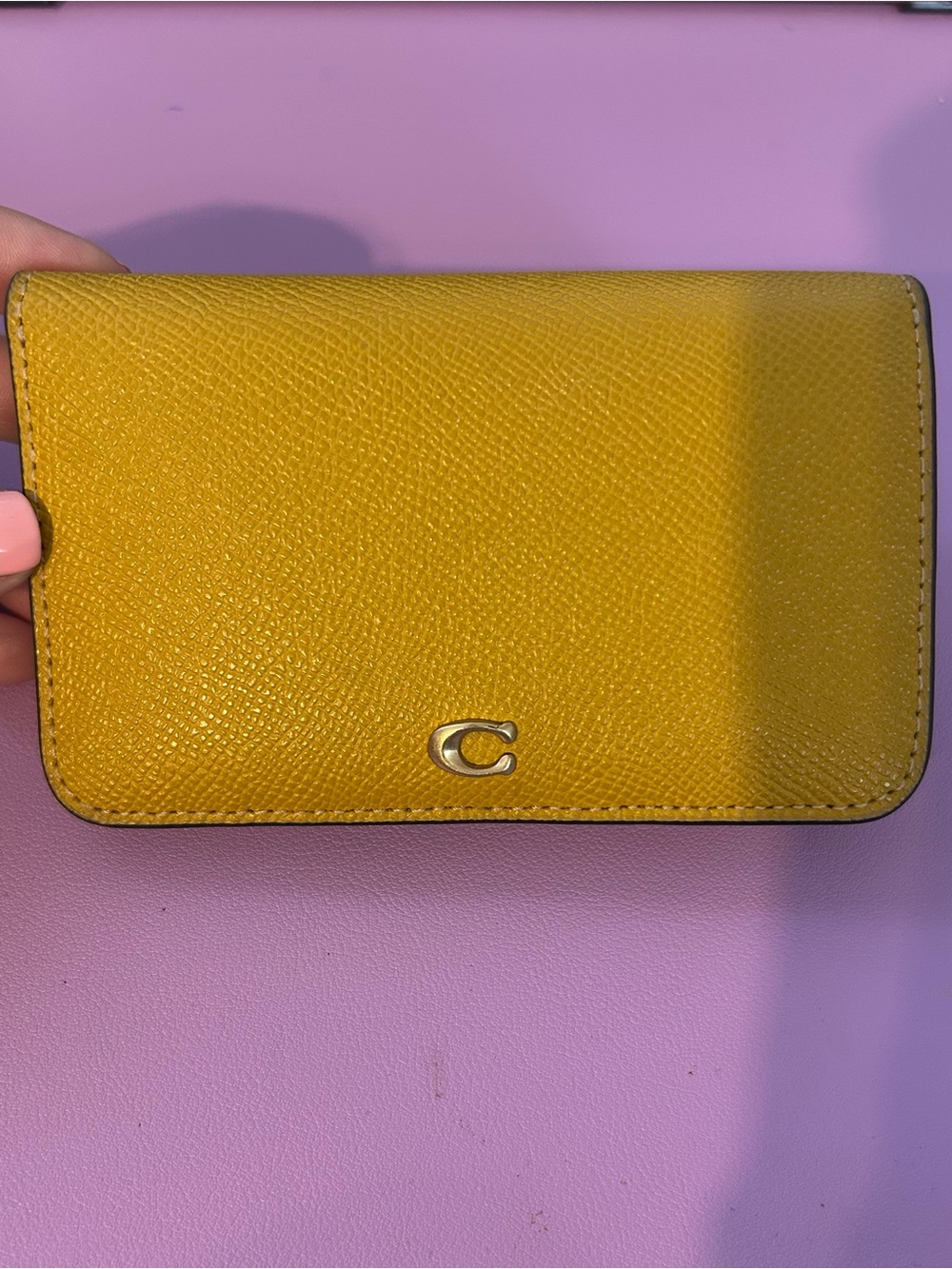 Coach Yellow Leather Compact Wallet with Gold 'C' Accent